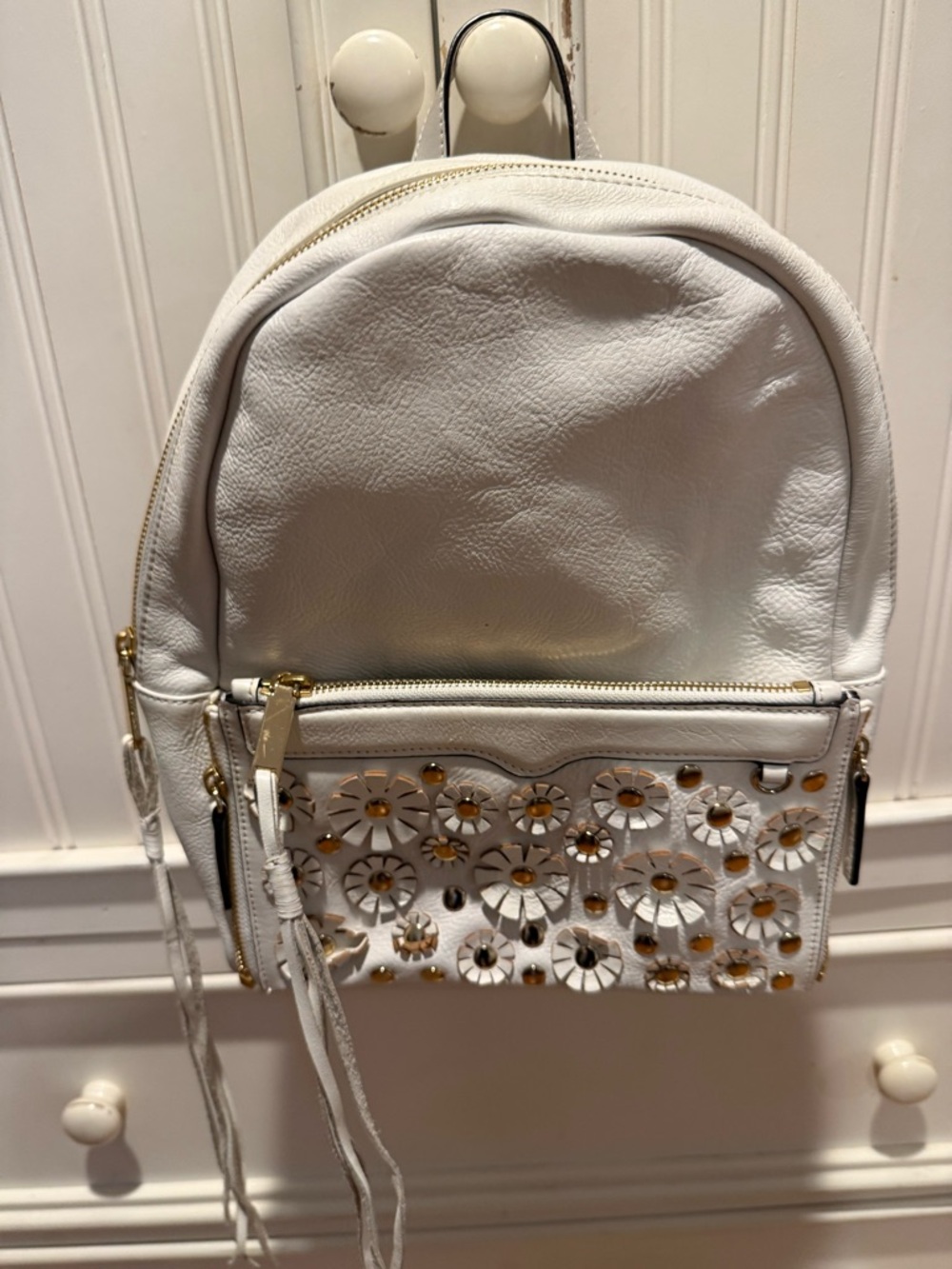 Rebecca Minkoff White Mini Backpack & clutch with Floral Cutouts and Gold Studs